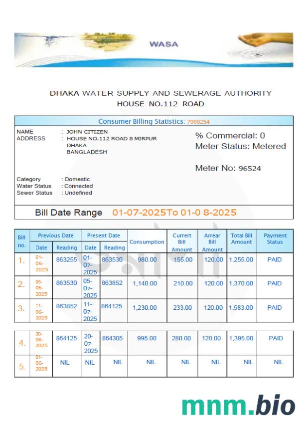 Bangladesz Dhaka Water Supply and Sewerage Authority szablon rachunku za media w formatach Word i PDF